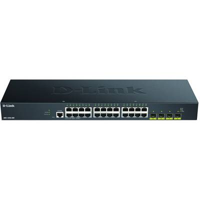 Sieťový prepínač od D-Link s 24 ethernetovými portami a 4 ďalšími prípojkami. Zariadenie v čiernom kryte, určené pre dátové siete.