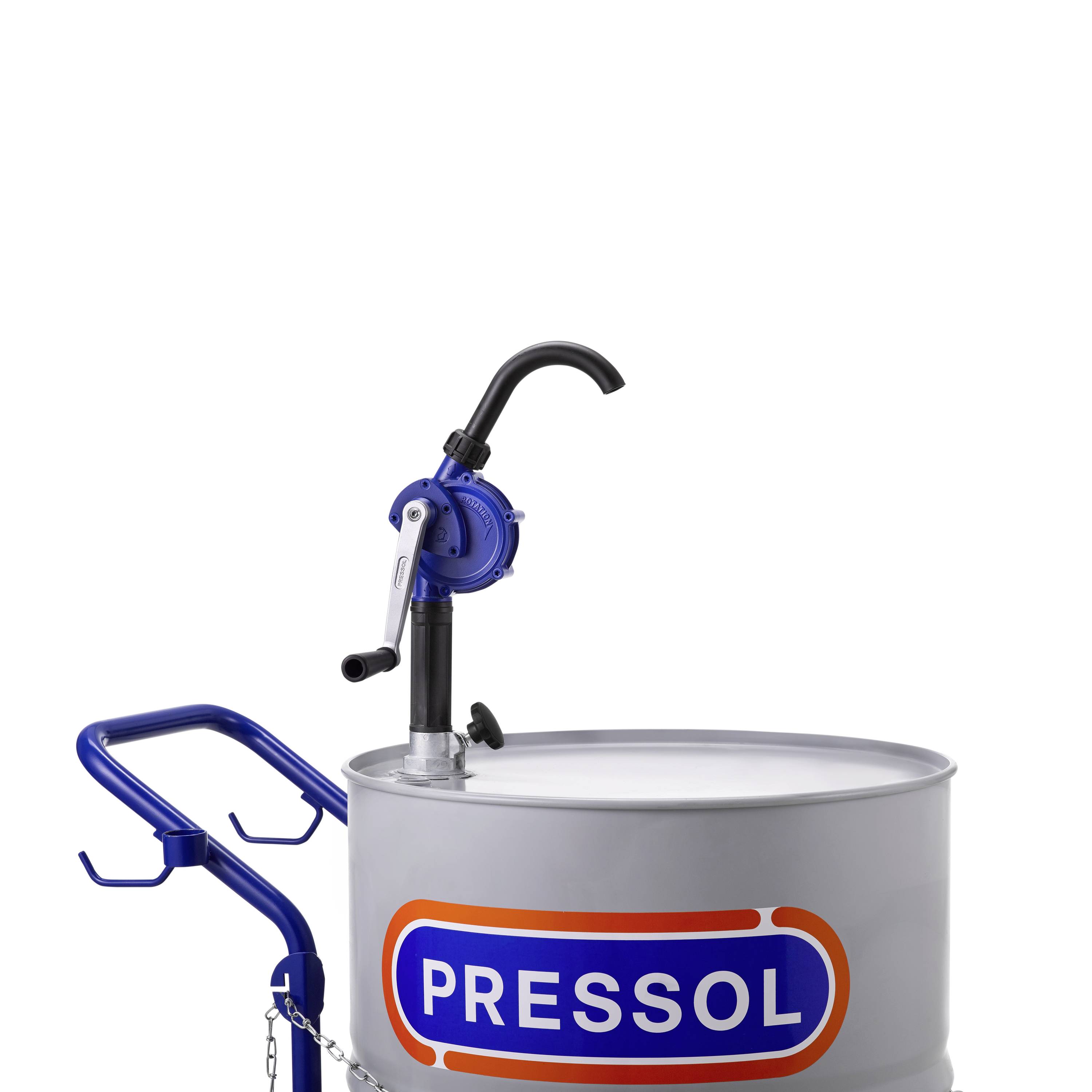 Kovový sud s ručnou pumpou, viditeľné firemné logo 'Pressol'. Vhodný na nalievanie kvapalín.