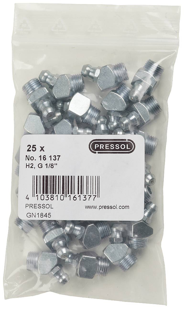 Sáčok s 25 kovovými skrutkami, označený názvom 'PRESSOL', číslo artiklu '16 137', pripojovacie hrdlo G 1/8".