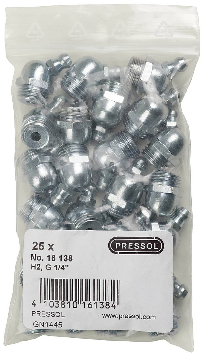 Balenie 25 kovových mazacích hlavíc veľkosti H2, G 1/4", značky Pressol.