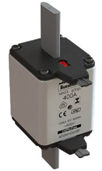 Elektrický NH poistkový vložka s označením '400A', zapustenými kontaktmi, vhodný pre vysokoprúdové aplikácie, červený indikátor.