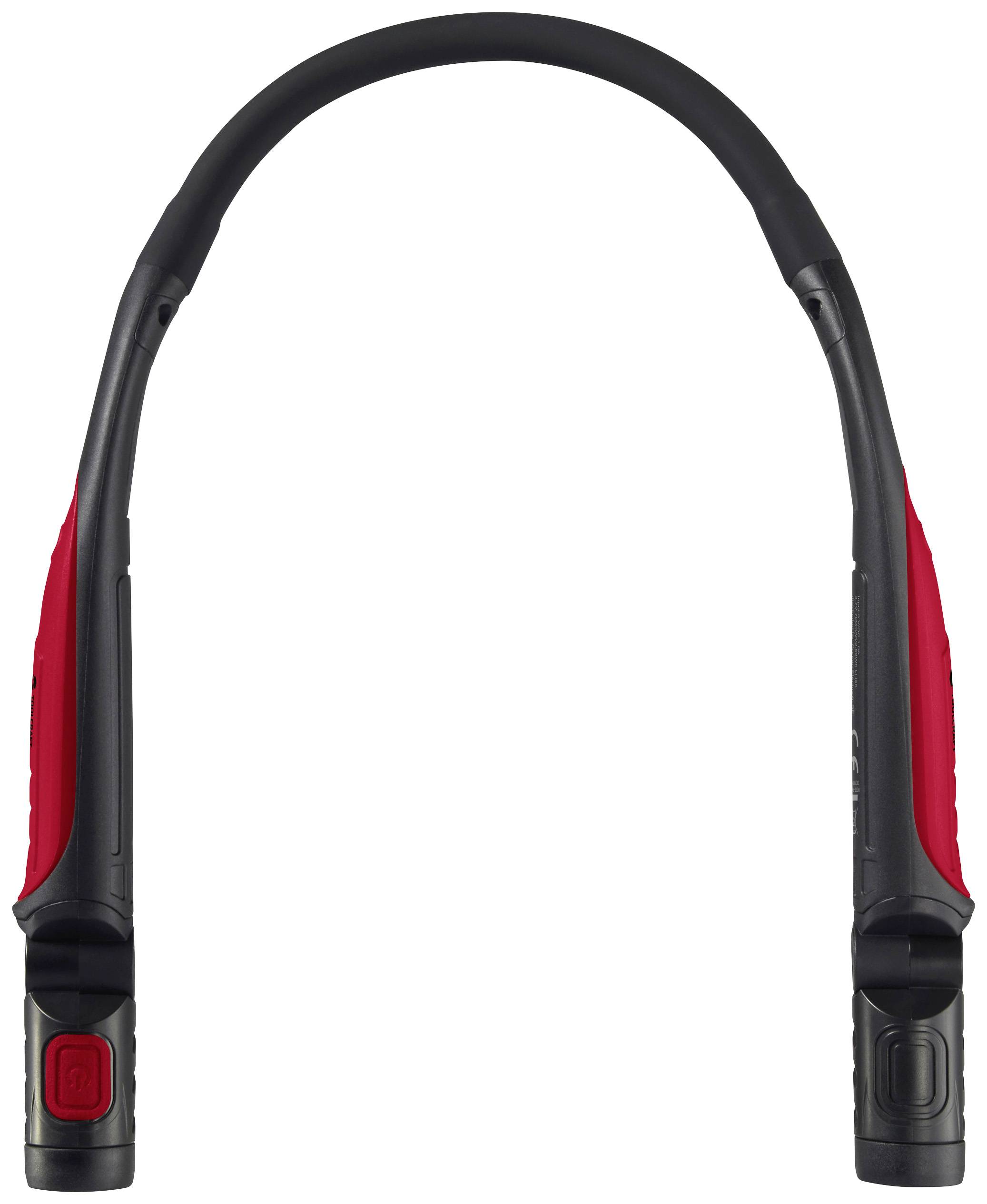 Čierno-červená kovová zámka na bicykel s robustným, ohybným strmeňom a dvoma bezpečnostnými zámkami na koncoch.