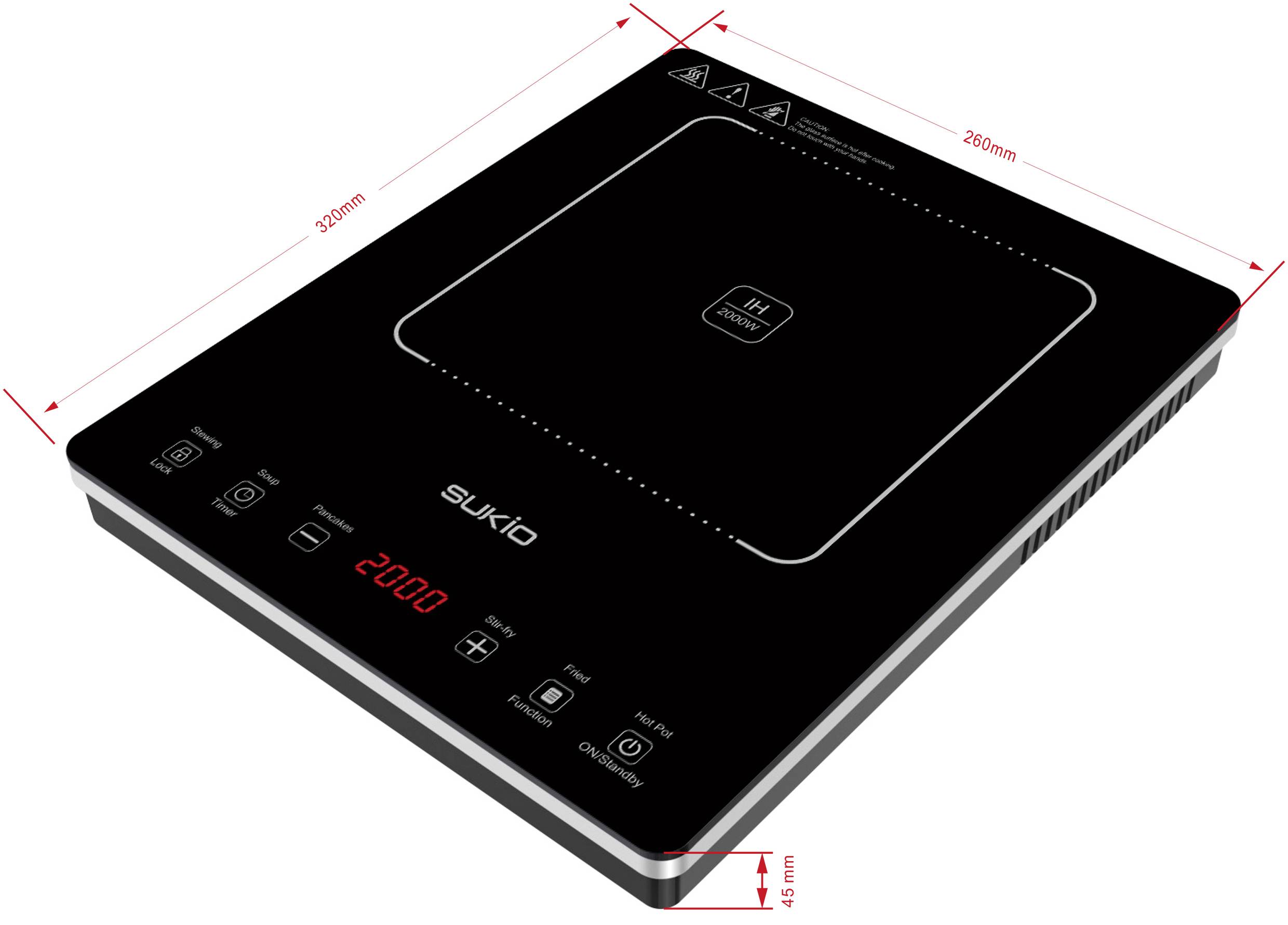 Čierna indukčná varná doska s digitálnym displejom zobrazujúcim '2000W'. Vytlačené rozmery: 280 mm x 260 mm x 45 mm. Tlačidlá pre zapnutie/vypnutie, časovač a režim.