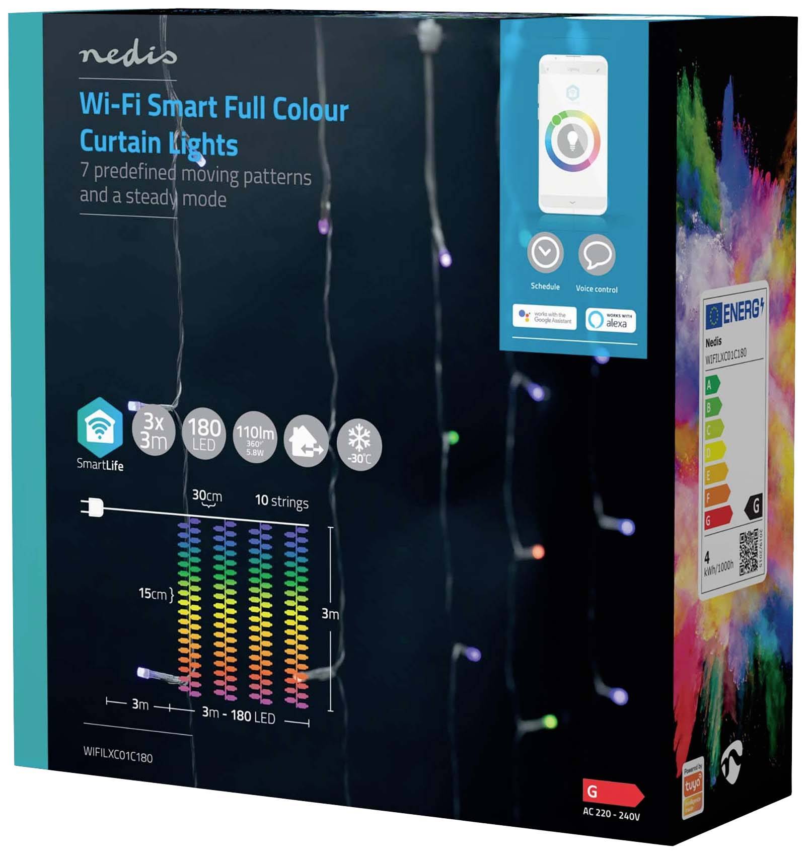 Balenie pre 'Wi-Fi Smart Full Colour Curtain Lights' so 7 svetelnými vzormi. Vrátane symbolov ovládania cez aplikáciu a energetickej triedy G.