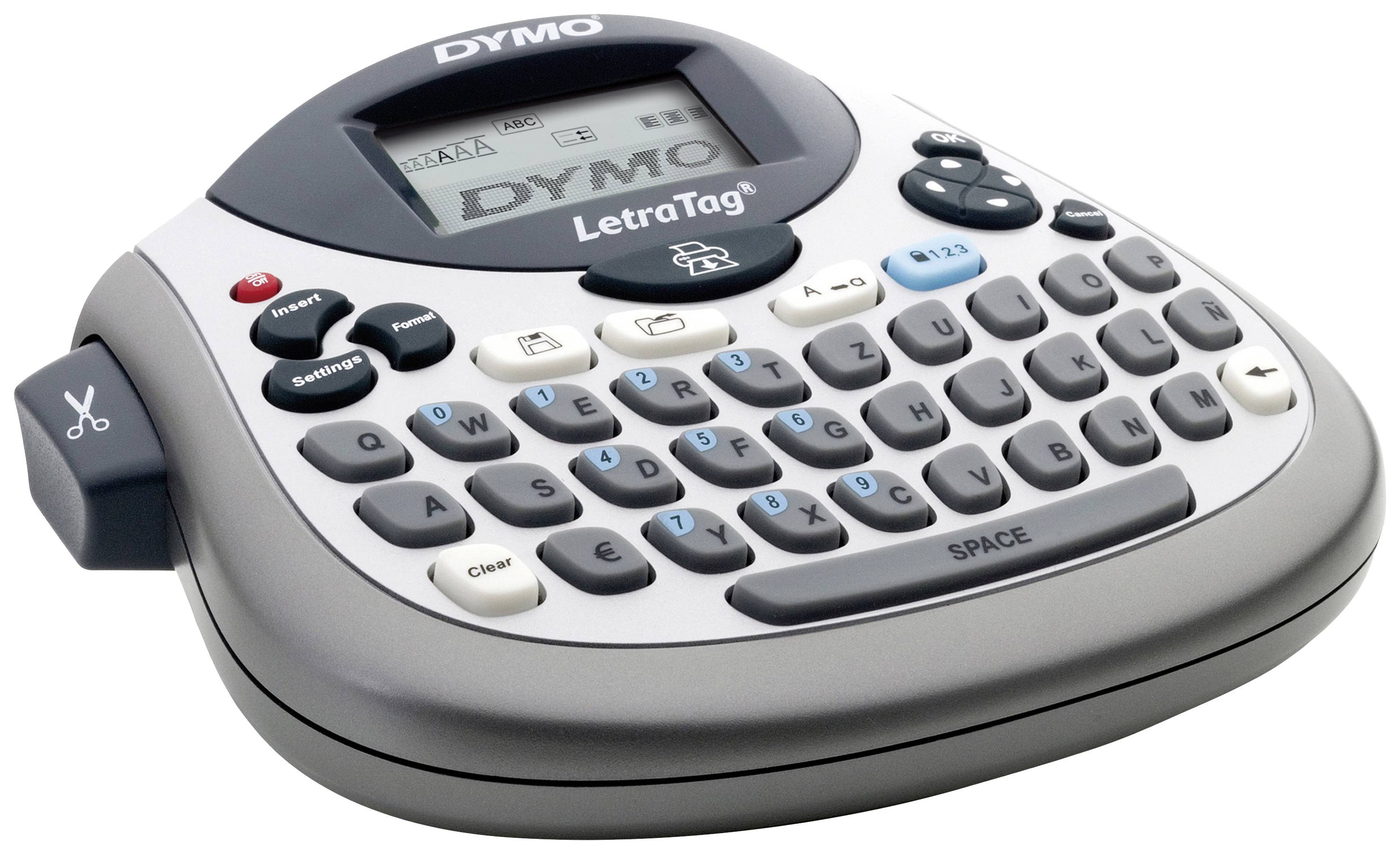 Elektronické štítkovač s QWERTZ klávesnicou a displejom. Označenie 'DYMO LetraTag', vhodný pre tlač etikiet.