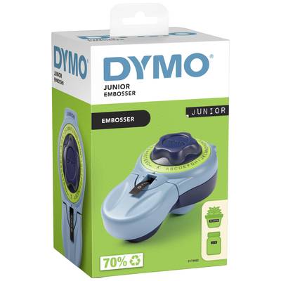 Modrá krabica od razidla DYMO Junior. Zobrazuje výrobok s otočným kolieskom na písmená a pákou na razenie.