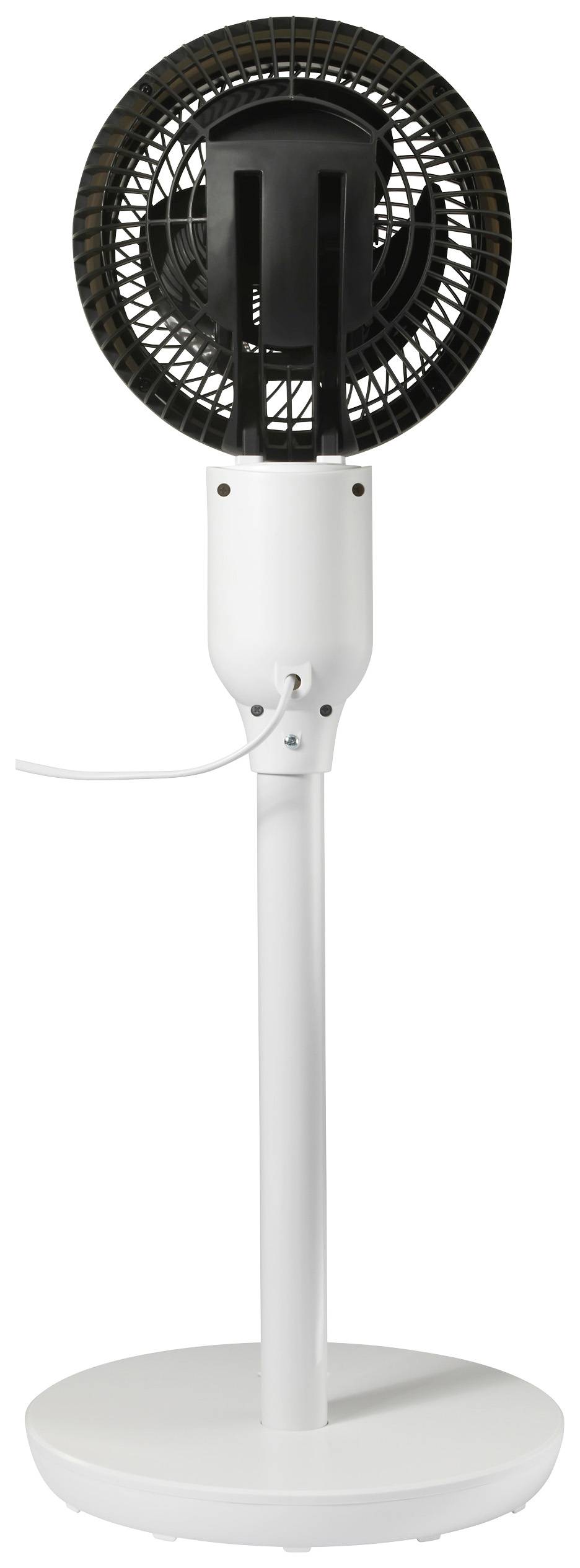 Biely stojanový ventilátor na jednoduchom podstavci, pohľad zozadu, s čiernou ochrannou mriežkou okolo lopatiek ventilátora.