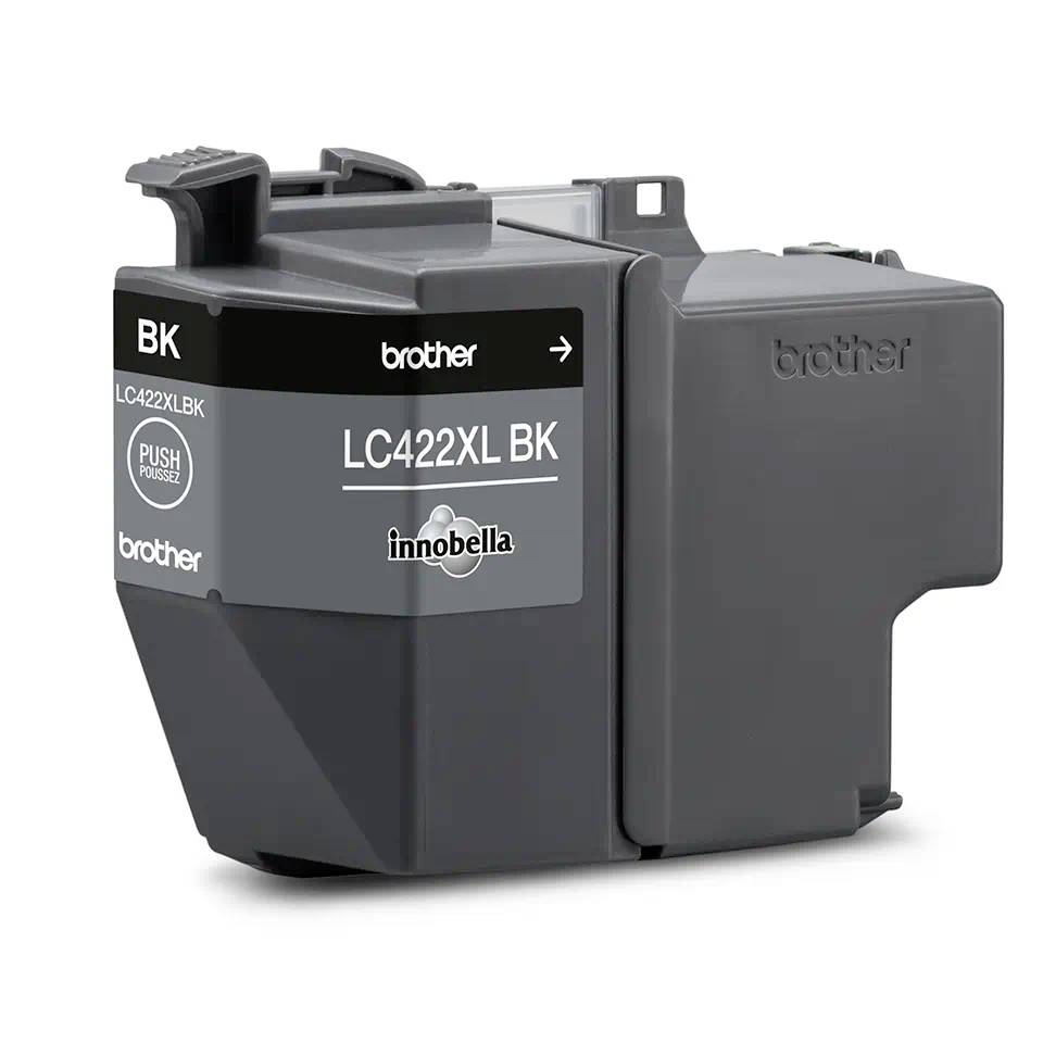 Sivý atramentový cartridge Brother LC422XL BK s potlačou 'PUSH', vhodný pre tlačiarne.