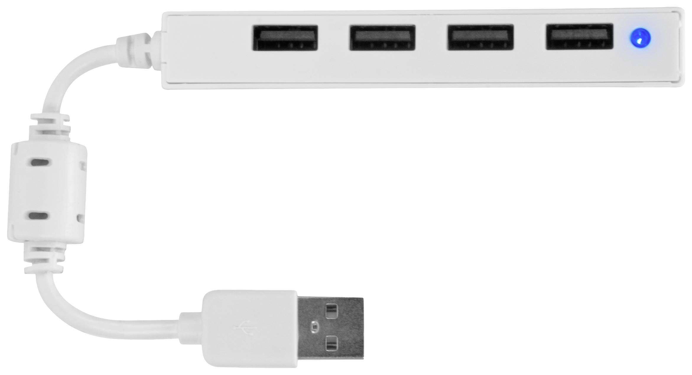 USB hub so štyrmi portami a modrým LED svetlom, prepojený krátkym káblom s USB konektorom.