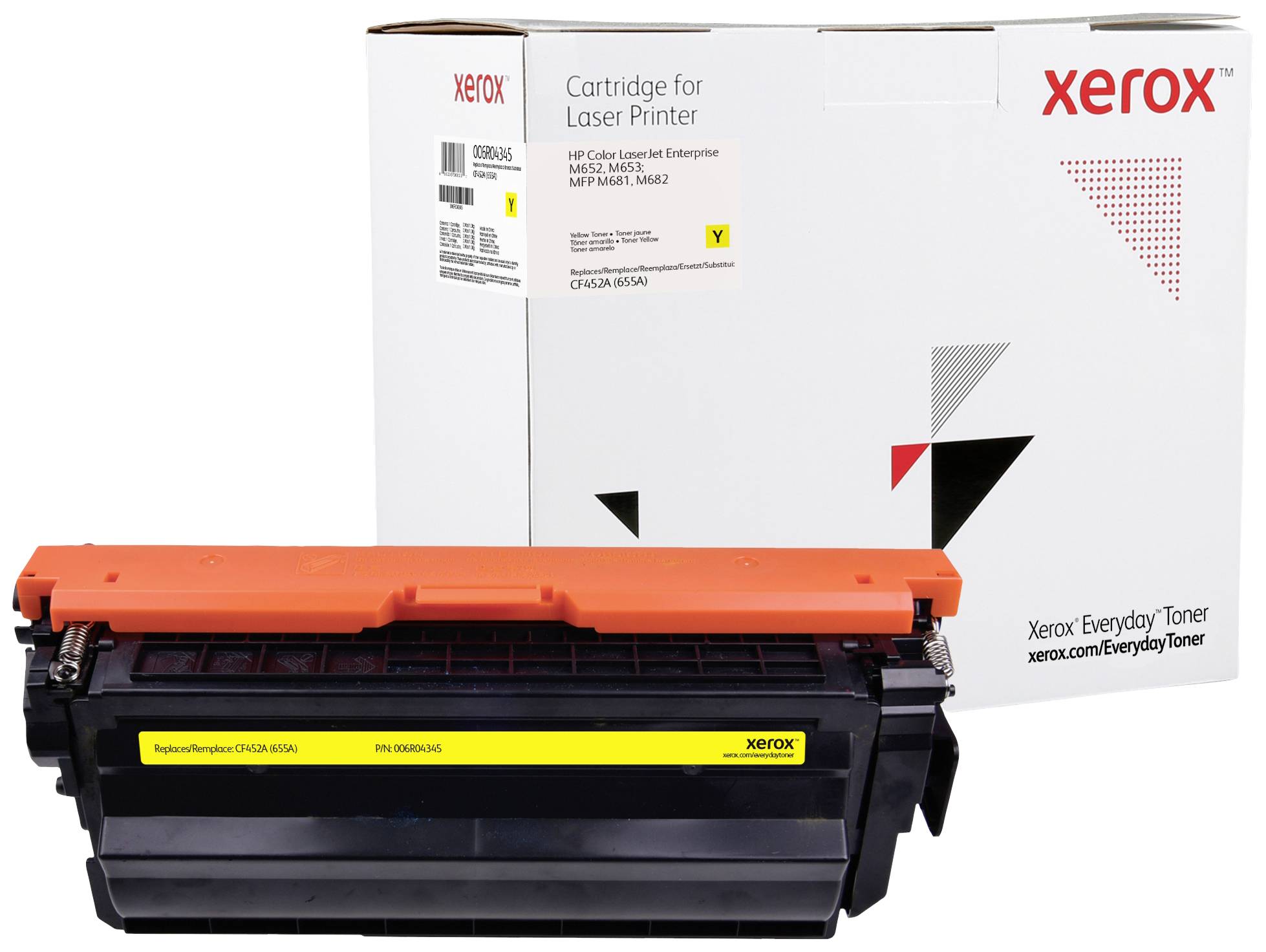 Toner pre Xerox laserové tlačiarne vo žltej farbe, zobrazený pred balením. Vhodný pre modely HP Color LaserJet Enterprise.