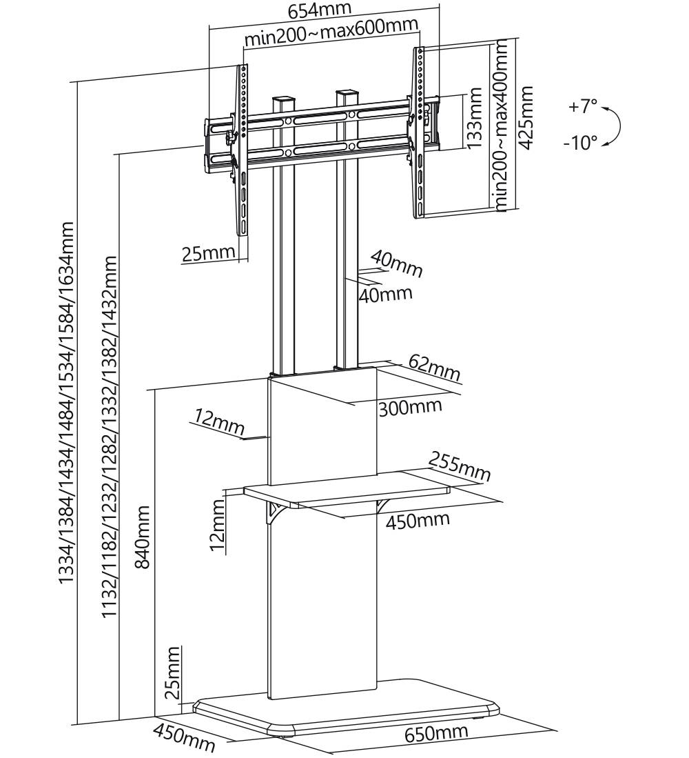 Technický nákres výškovo nastaviteľného TV stojana. Rozmery pre výšku, šírku a hĺbku sú podrobne uvedené.