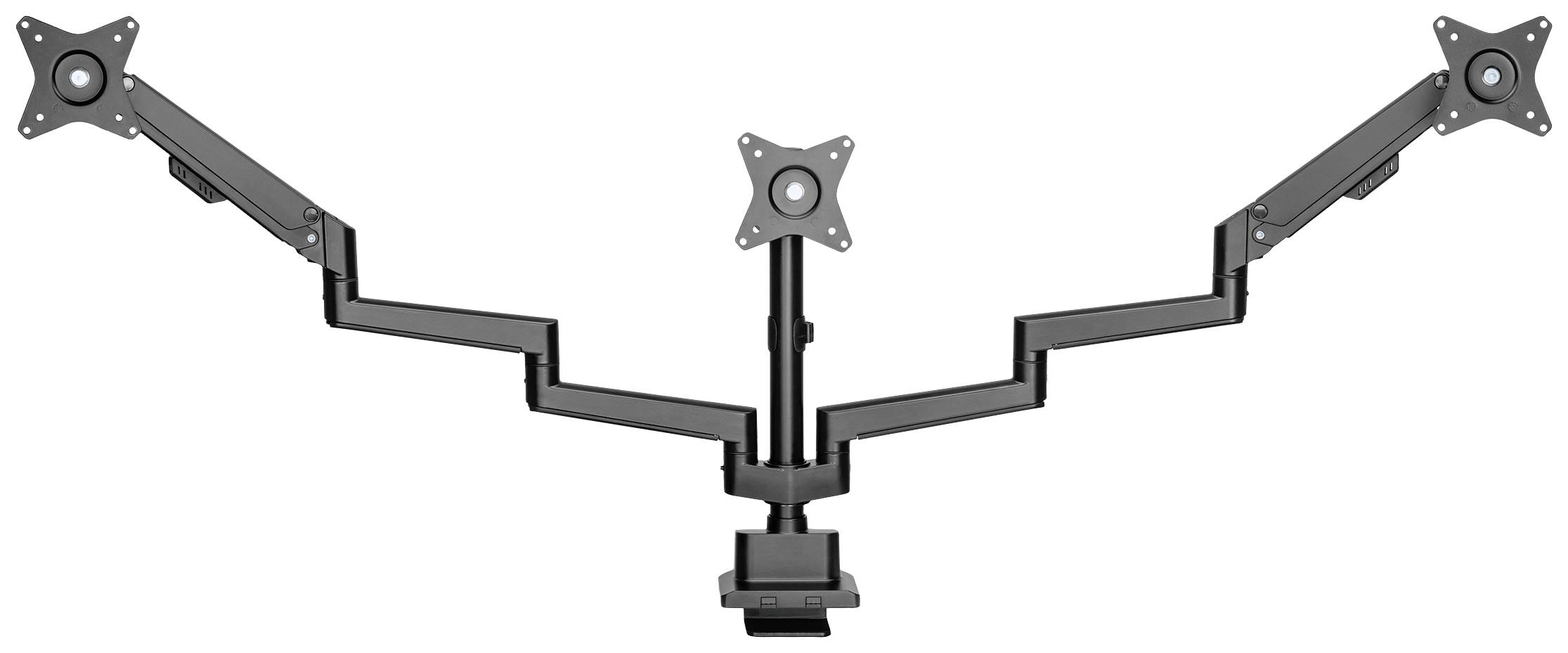 Stojan na monitor s tromi nastaviteľnými ramenami pre monitory, upevnený centrálne. Každé rameno je vybavené VESA adaptérom preuchytenie monitora.