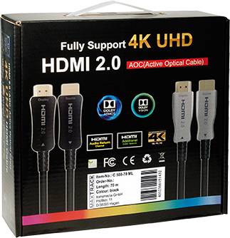 Balenie HDMI 2.0 kábla s podporou 4K UHD. Predná strana zobrazuje typ kábla, logá a technické informácie.
