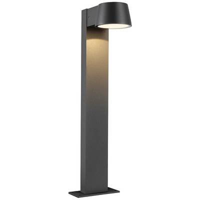 Moderná čierna stojanová lampa s obdĺžnikovým stĺpikom a okrúhlym tienidlom. Lampa svieti smerom nadol a poskytuje nepriame osvetlenie.