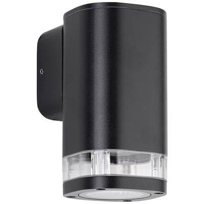 Čierna valcovitá vonkajšia lampa s priehľadným spodkom, namontovaná na stenu. Vhodná pre moderné exteriéry.