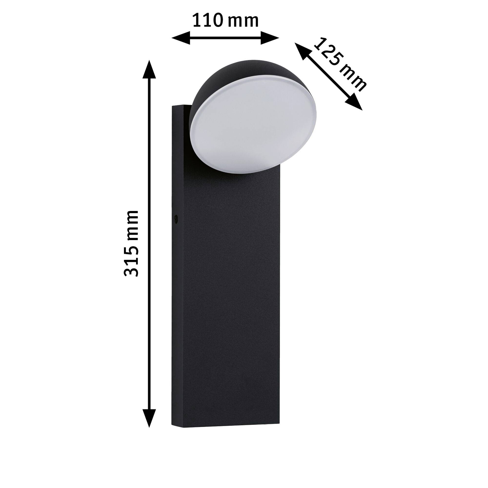 Čierna nástenná lampa s guľatou bielou svietiacou hlavou, namontovaná na obdĺžnikovom podstavci. Rozmery: 315 mm výška, 110 mm šírka, 125 mm hĺbka.