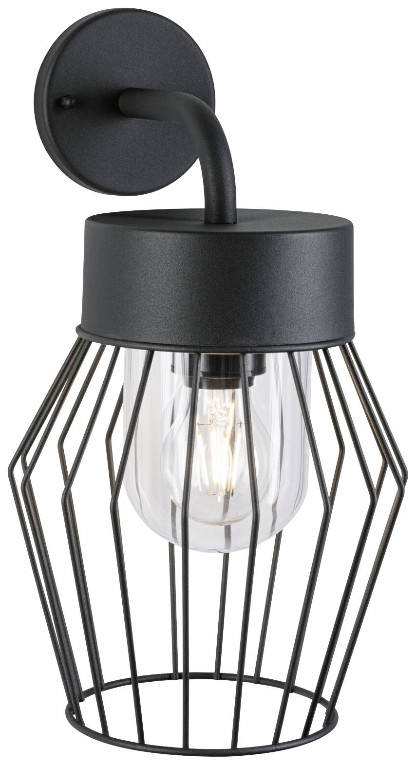 Čierna nástenná lampa s priehľadným skleneným valcom a otvoreným kovovým krytom v modernom dizajne.