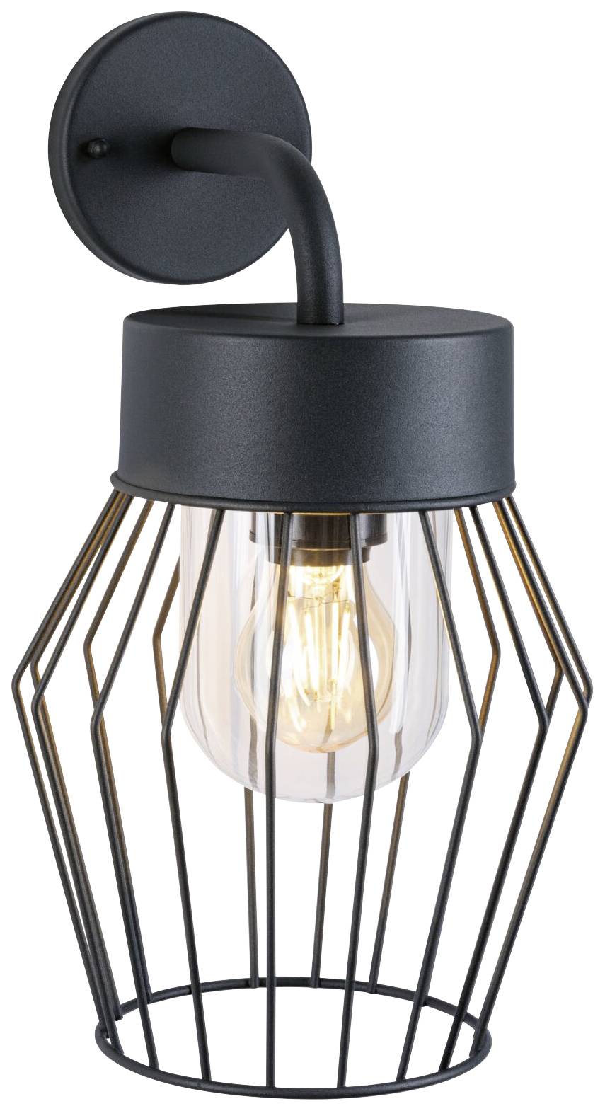 Čierna nástenná lampa v priemyselnom štýle s drôteným košom a viditeľnou žiarovkou. Je upevnená na okrúhlom podstavci.