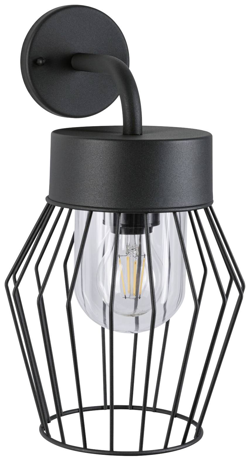 Čierna nástenná lampa v modernom klietkovom dizajne so viditeľnou žiarovkou, vhodná do interiéru aj exteriéru.