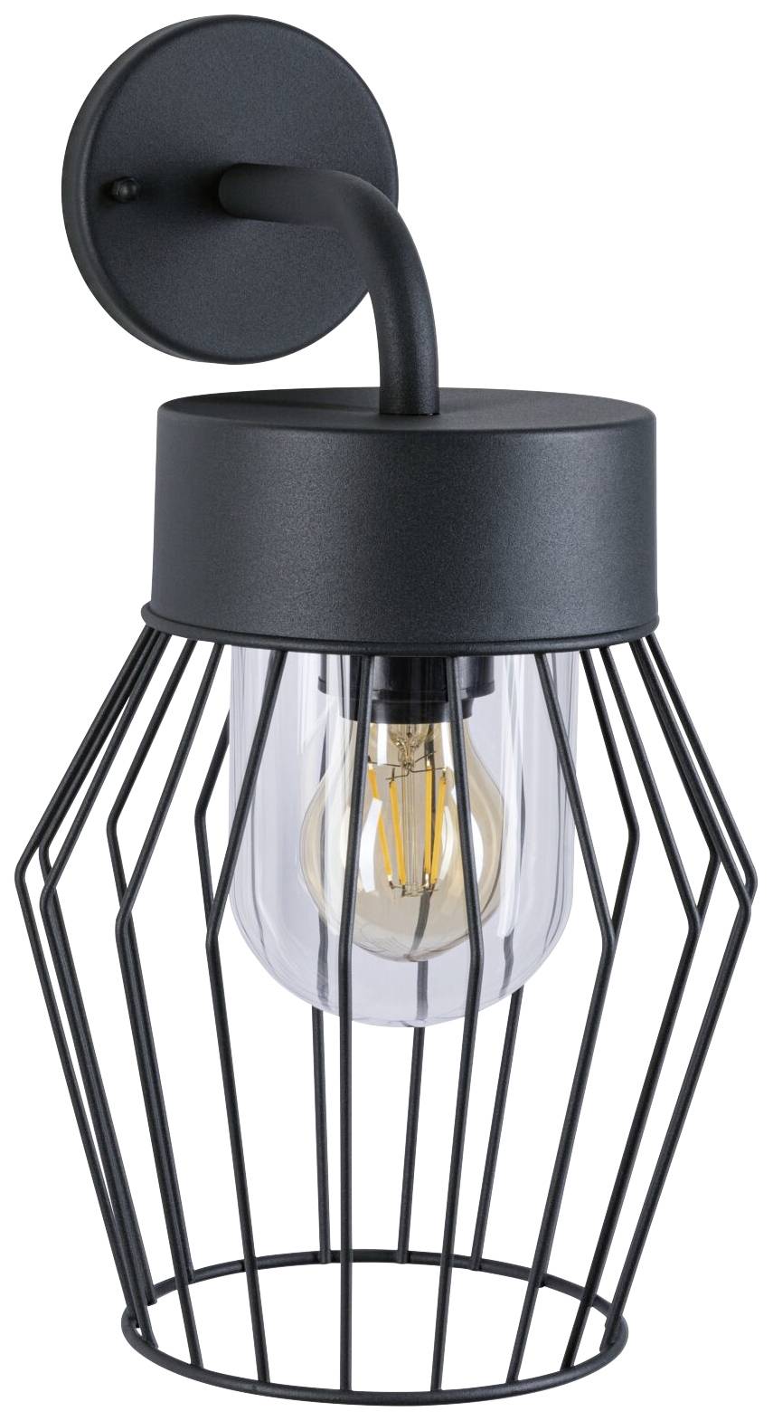 Čierne nástenné svietidlo s moderným dizajnom klietky a viditeľnou žiarovkou, vhodné pre štýlovú vonkajšiu výzdobu.