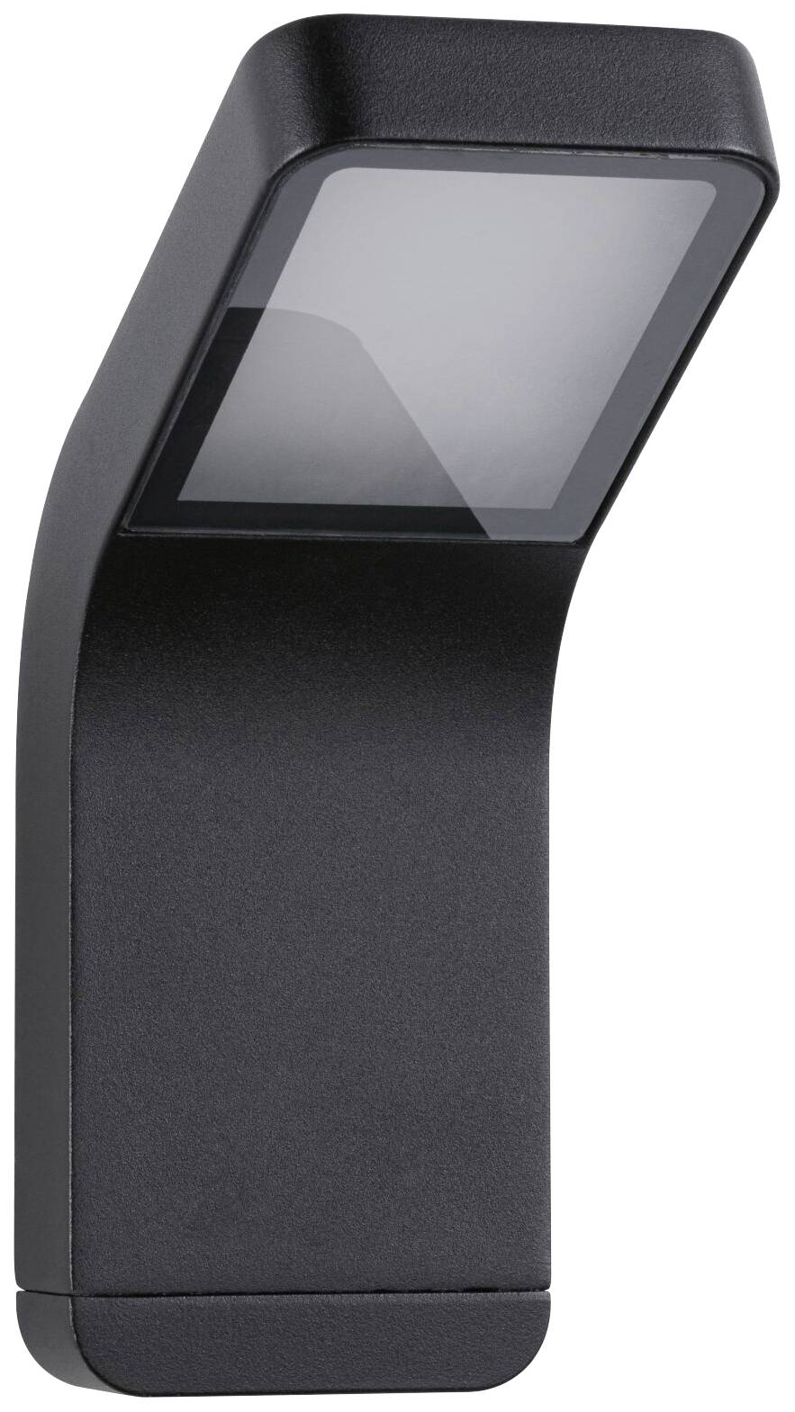 Moderná čierna vonkajšia nástenná lampa s obdĺžnikovým tvarom a zakrivením telesa, vhodná pre nepriame osvetlenie.