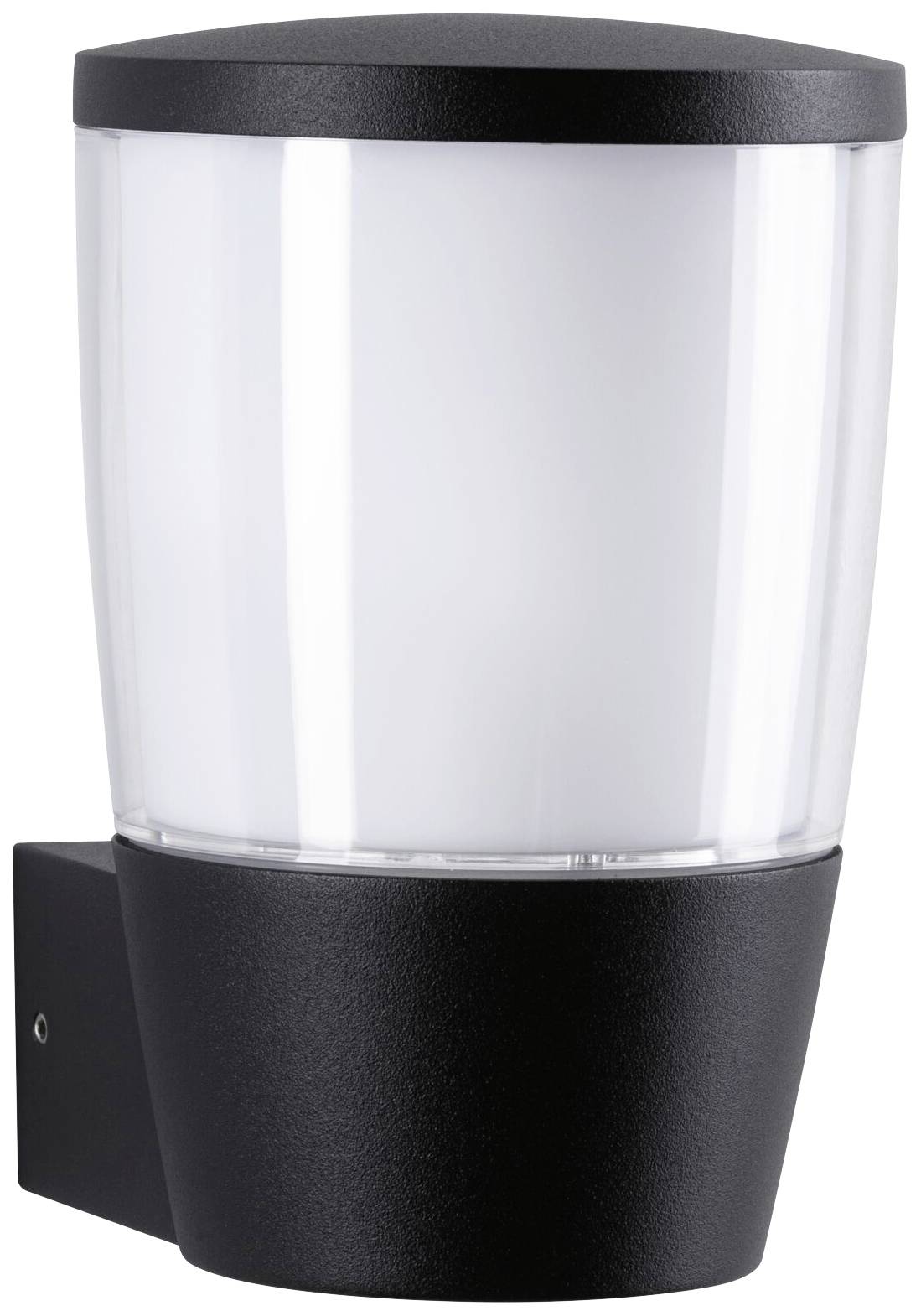 Moderná čierna vonkajšia nástenná lampa s valcovitým, priehľadným skleneným krytom, ideálna pre vonkajšie osvetlenie.