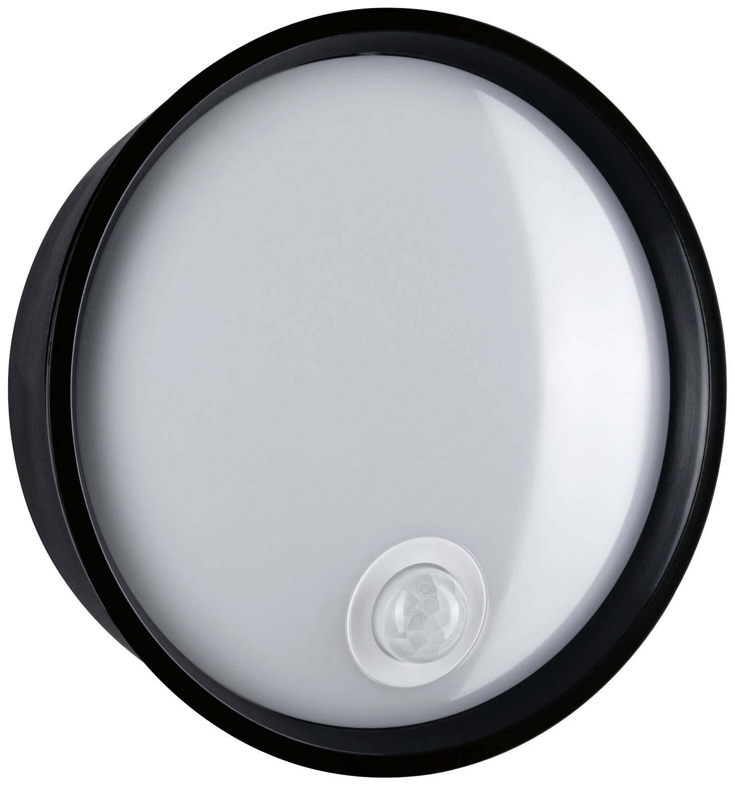 Okrúhle biele LED svietidlo s čiernym lemom a integrovaným pohybovým senzorom na bielom pozadí.