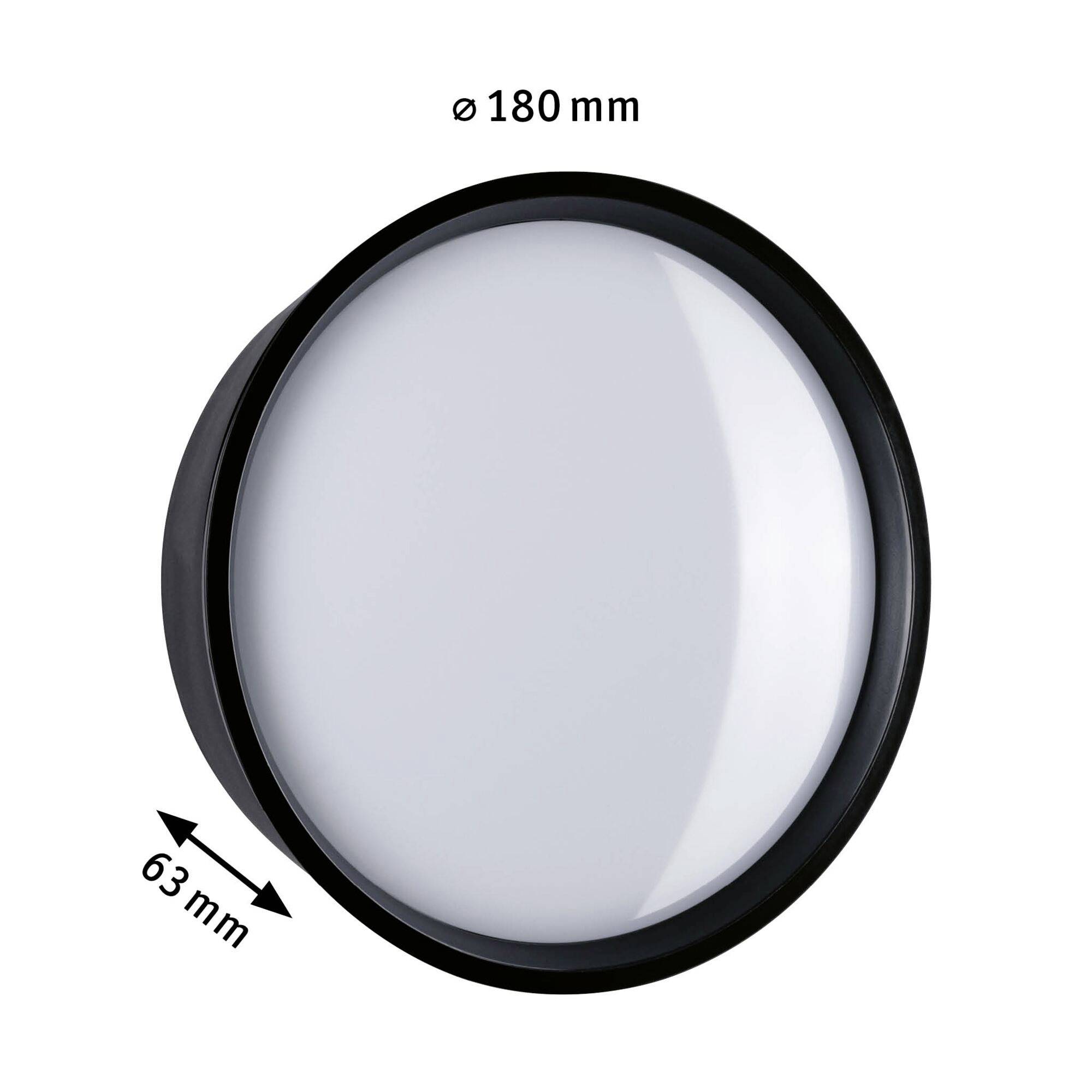 Okrúhle, biele stropné alebo nástenné svietidlo s čiernym okrajom s rozmermi: priemer 180 mm, hĺbka 63 mm.