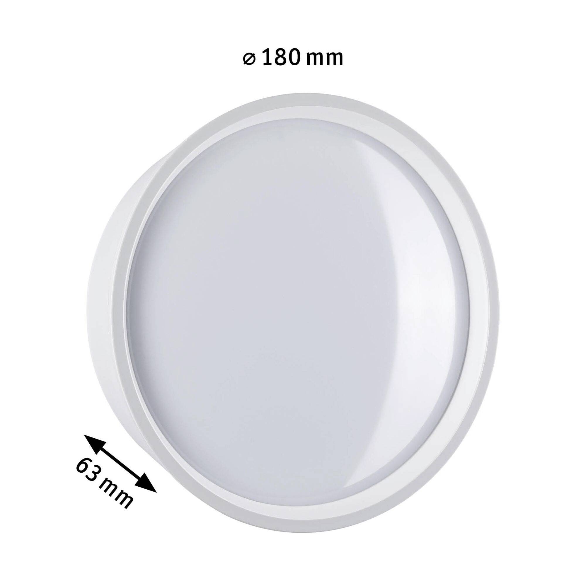 Guľaté biele LED svietidlo s priemerom 180 mm a hĺbkou 63 mm. Vhodné na montáž na strop.