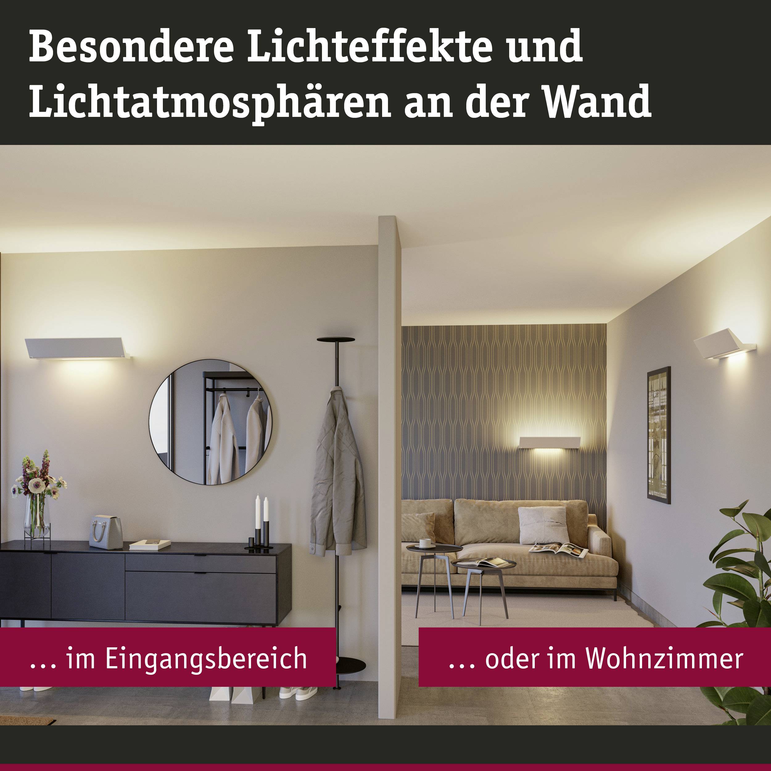 Izba so stenový svietidlami a dekoratívnymi svetelnými efektmi. Vľavo: vstupná časť so zrkadlom a komodou. Vpravo: obývacia izba so sedačkou.