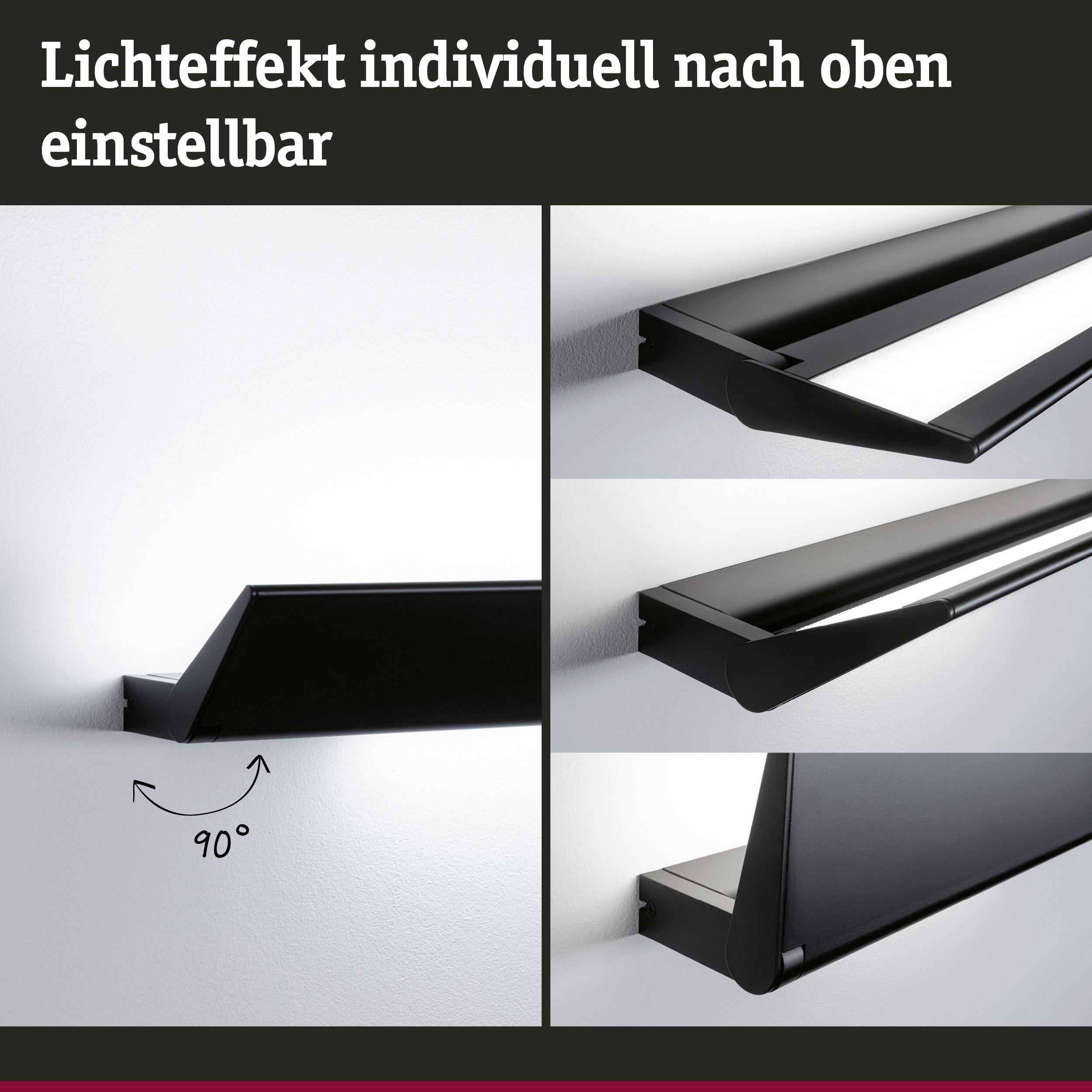 Nástenná lampa s nastaviteľným uhlom svetla, zobrazujúca rôzne inštalačné polohy a svetelné efekty na stene.