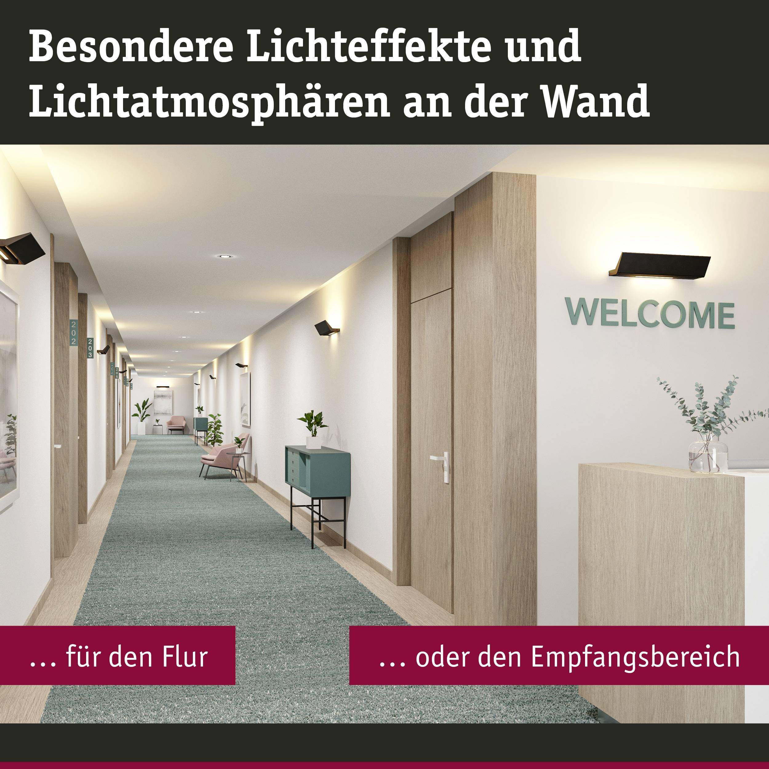 Chodba so svetelnou dekoratívnou výzdobou, moderný vstupný priestor, nápis: 'Výnimočné svetelné efekty a svetelná atmosféra na stene'.