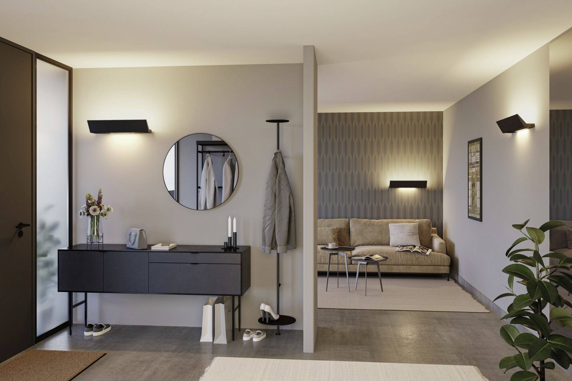 Moderné zariadenie bytu: vstupná hala so zaobľovaným zrkadlom a čiernym stolíkom, za ním obývacia izba s béžovou sedačkou a dekoratívnymi svietidlami.