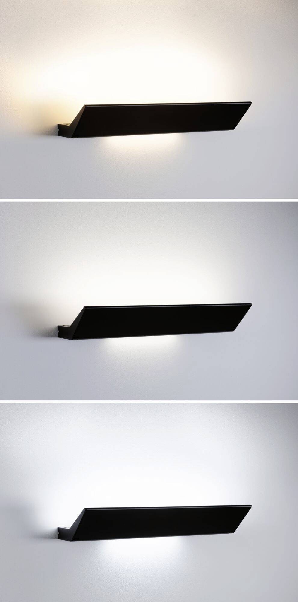 Čierna nástenná lampa v troch obrazoch s rôznymi intenzitami svetla ukazuje variabilné svetlo od teplého po studené.