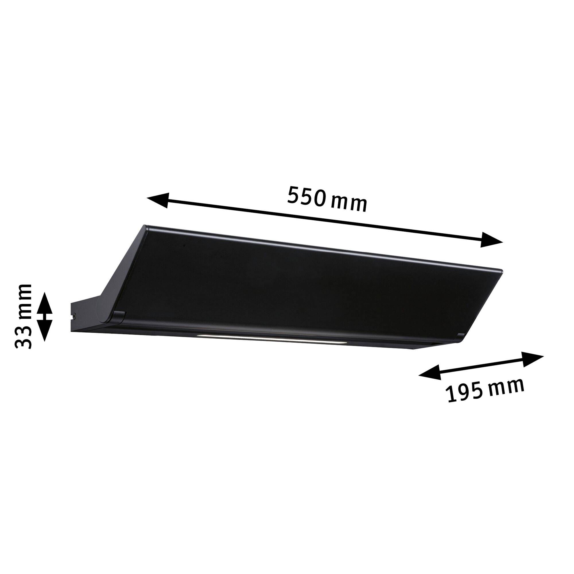 Čierna digestorová odsávačka pár s rozmermi 550 mm šírka, 195 mm hĺbka a 33 mm výška, pohľad zospodu.