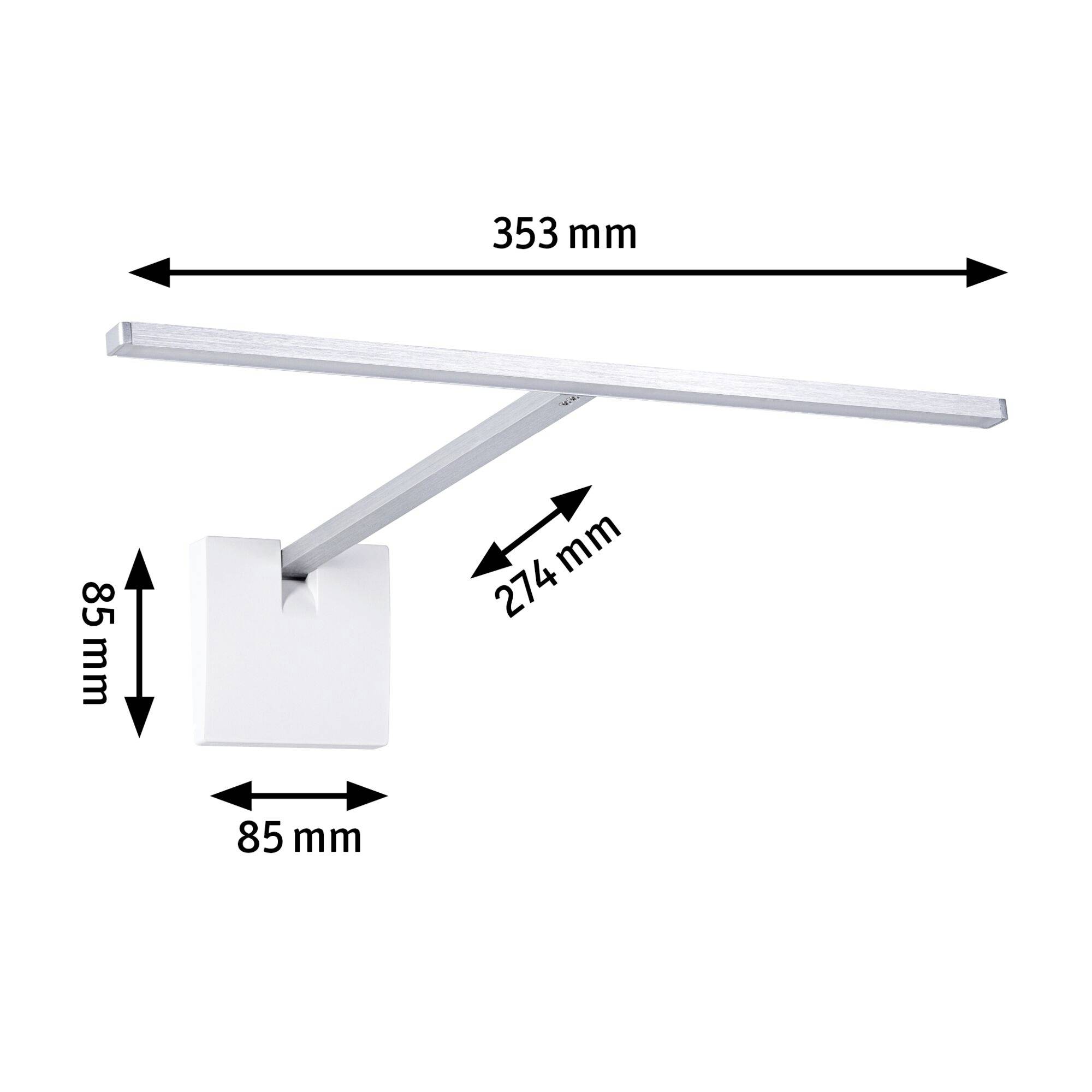 Kúpeľňové svietidlo s rozmermi 353 mm x 85 mm x 85 mm, ktoré má dlhé, úzke rameno vybočujúce šikmo od základne.