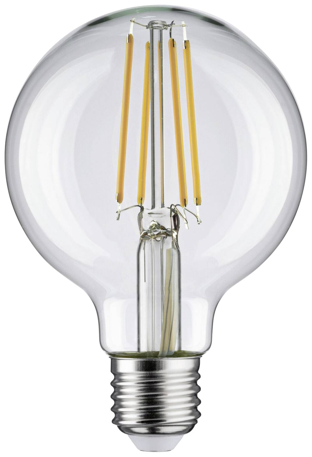 Jasná žiarovka s viditeľným vláknom vo vnútri, ktorá má skrutkový päticový základ dolu.