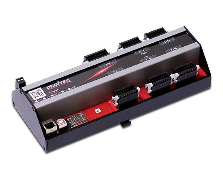 Digitálny vstupno-výstupný modul s viacerými konektormi a LED indikátormi. Používa sa na riadiace a automatizačné aplikácie.