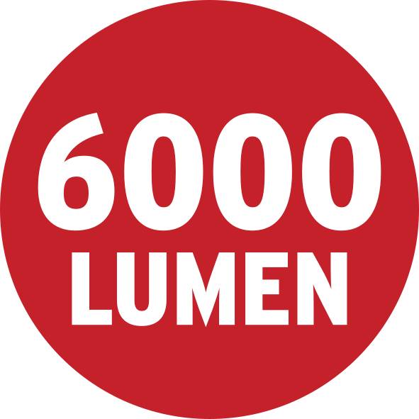 Červený kruh s bielym textom '6000 lúmenov', čo poukazuje na jas svetelného produktu.