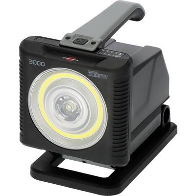 Prenosné čierne LED pracovné svetlo s rukoväťou a okrúhlym predným svietidlom na stojane, označené 3000 a MultiBattery.