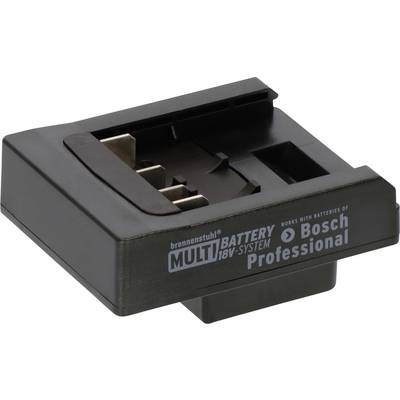 Čierny adaptér nabíjačky s označením "brennenstuhl MULTI BATTERY 18V SYSTEM" a "Bosch Professional" na bielom pozadí.