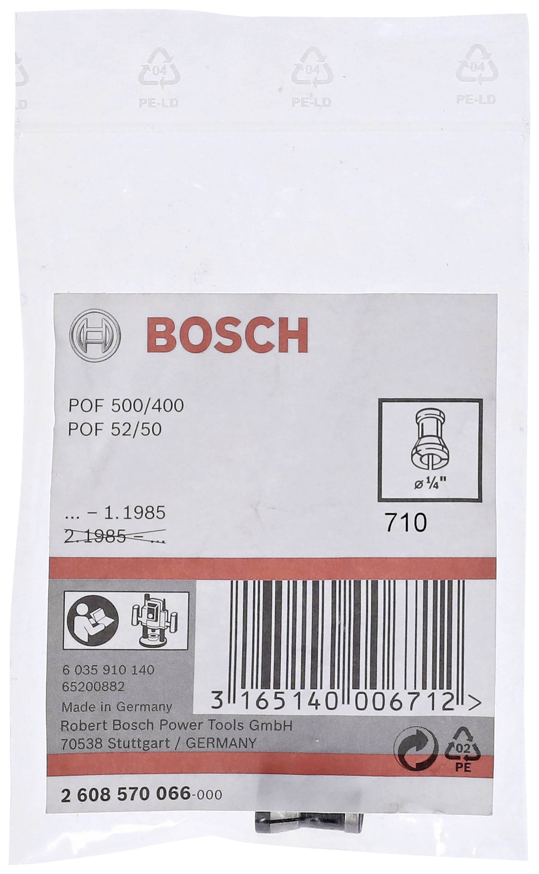 Taška s logom Bosch a textom 'POF 500/400, POF 52/50'. Obsahuje technické výkresy a čiarové kódové informácie.