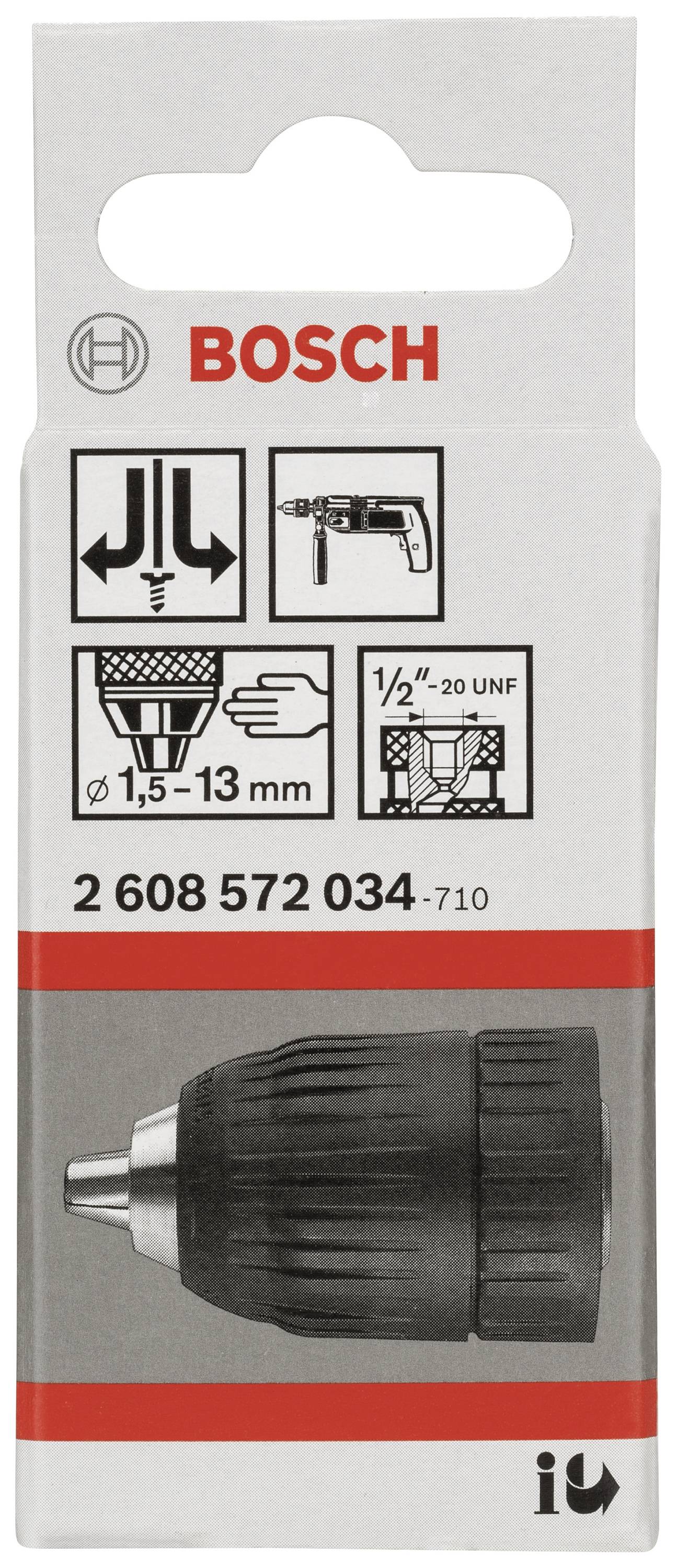 Obrázok obalu skľučovadla Bosch s produktovými detailmi. Zobrazuje skľučovadlo vhodné pre vŕtačky s priemerom 1,5-13 mm, s upínacím závitom 1/2"-20 UNF.