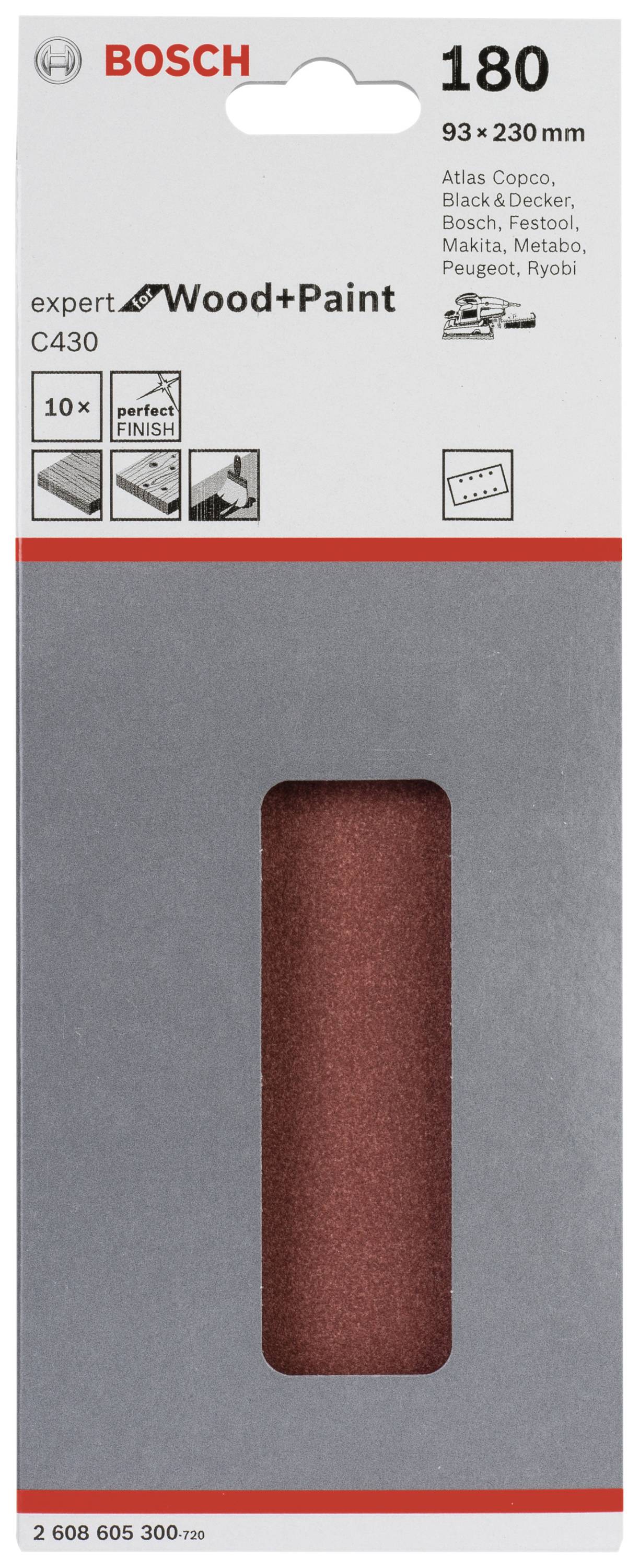 Brúsny papier Bosch, 93 x 230 mm, na drevo a lak, zrnitosť 180, 10 kusov, kompatibilný s rôznymi značkami.