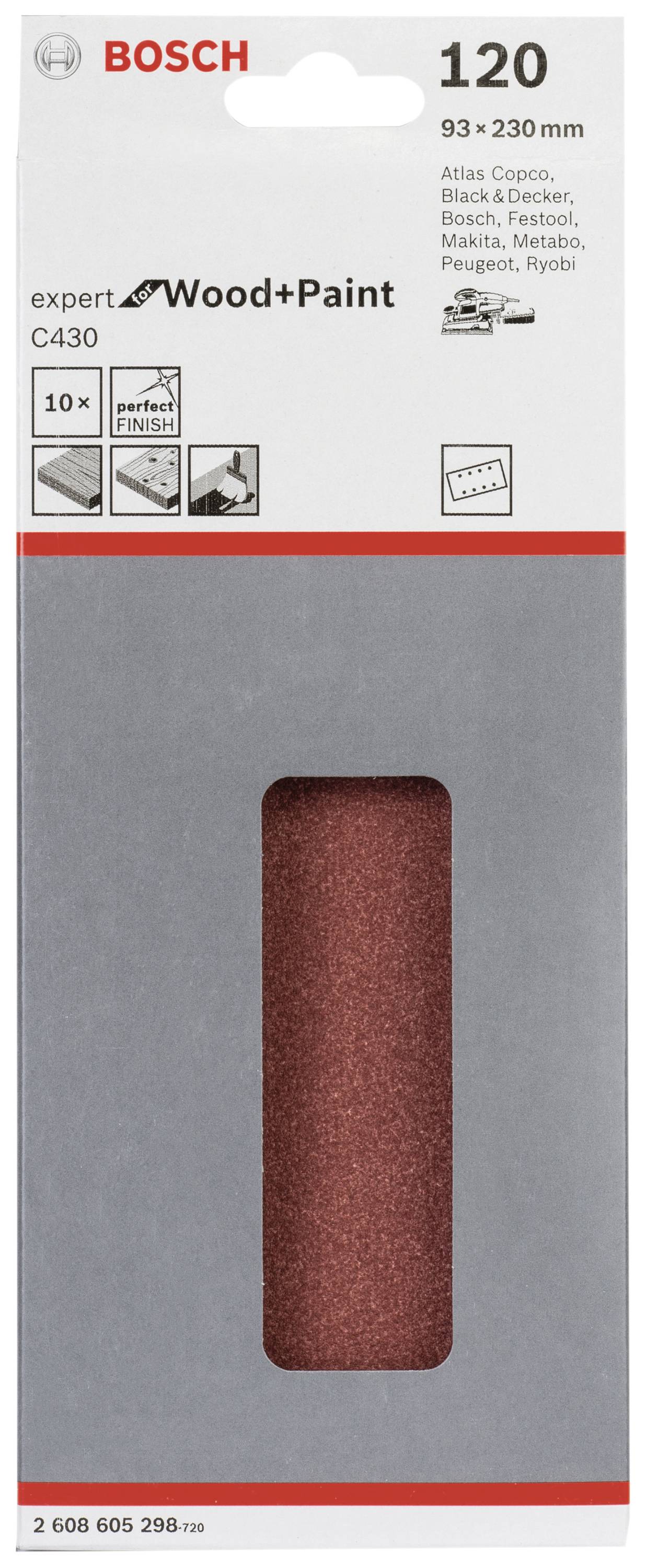 Obal na brúsny papier značky Bosch, vhodný na drevo a farbu, zrnitosť 120, rozmery 93 x 230 mm, uvedené príkladové použitia.