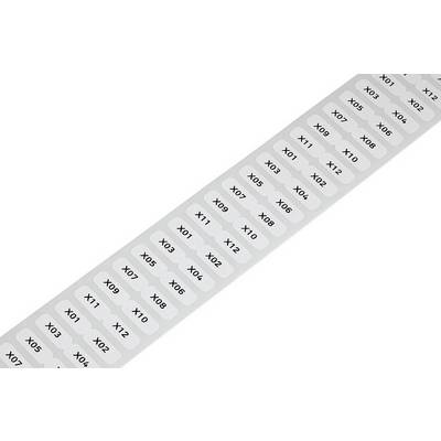 Niekoľko svetlých RFID tagov s čiernymi alfanumerickými kódmi od 'X01' po 'X12' usporiadaných diagonálne na páse.