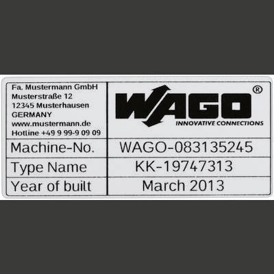 Strojový štítok s údajmi firmy 'WAGO', číslo stroja 'WAGO-083135245', typové označenie 'KK-19747313', rok výroby 'март 2013'.