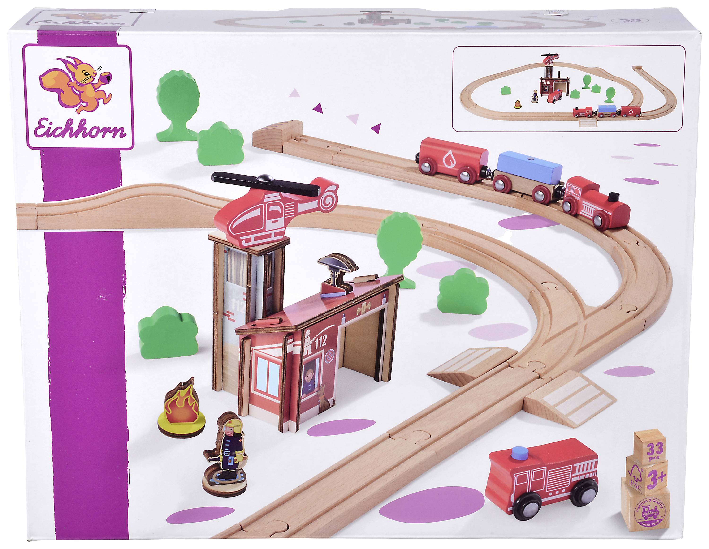 Drevená železničná súprava s hasičskou tematikou. Obsahuje koľaje, budovy, vozidlá a figúrky. Použitie zobrazené na obale.