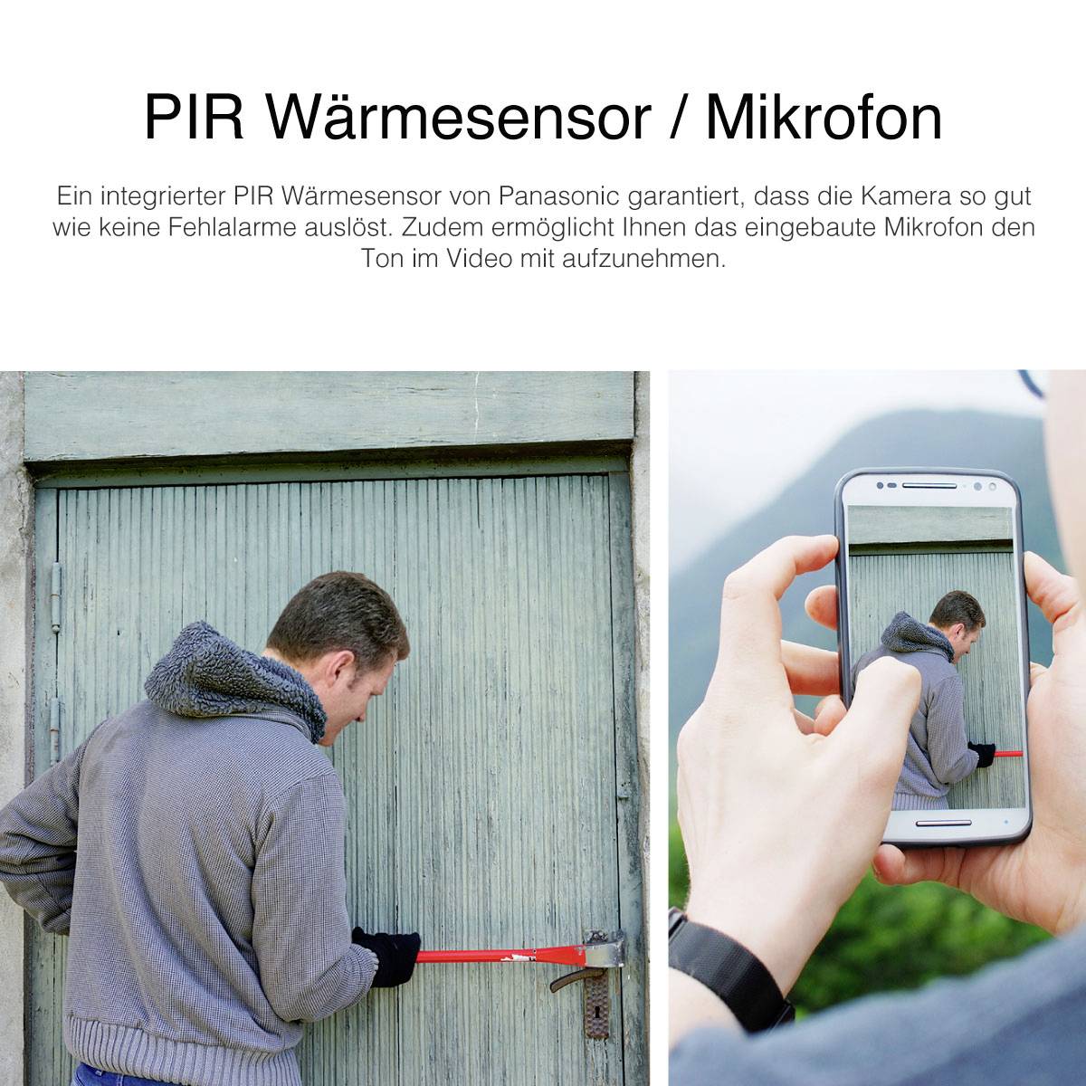 Muž drží smartfón a natáča osobu, ktorá pracuje s náradím na zámku dverí. Text spomína PIR teplotný senzor a mikrofón.