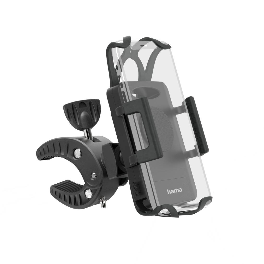 Čierna cyklistická držiak so svetlým púzdrom na smartfón, ktorý sa dá namontovať na riadidlá. Ideálny na bezpečnú prepravu mobilného telefónu.